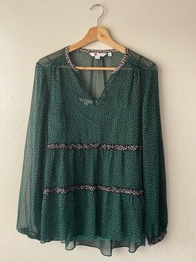 Boden Green Micro Floral Tiered long sleeve Chiffon blouse